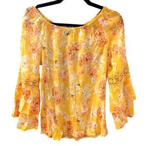 Unique Spectrum Yellow Floral Lace Boho Blouse Small Off Shoulder Tiered Sleeve